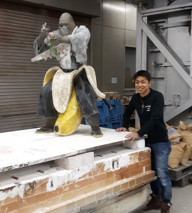 In “Little Boy,” Tashima represents himself as a 5’3” King Kong emerging from a banana peel holding a broken Boeing B-29, the type of plane that dropped the atomic bomb on Hiroshima.